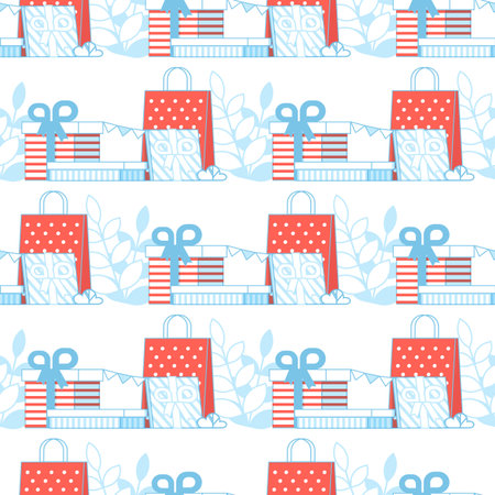 Festive Wrapped Gift Boxes Flat Seamless Patternのイラスト素材