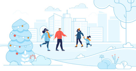 Happy Adults and Children Skating on City Rinkのイラスト素材