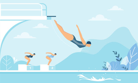 Women Taking Part in Diving Competition Cartoonのイラスト素材