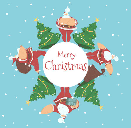 Merry Christmas Creative Banner or Postcard Santa Claus Standing with Crossed Arms, Carrying Sack with Presents, Holding Gift Boxes near Decorated Fir Tree Cartoon Flat Vector Illustration, Bannerのイラスト素材