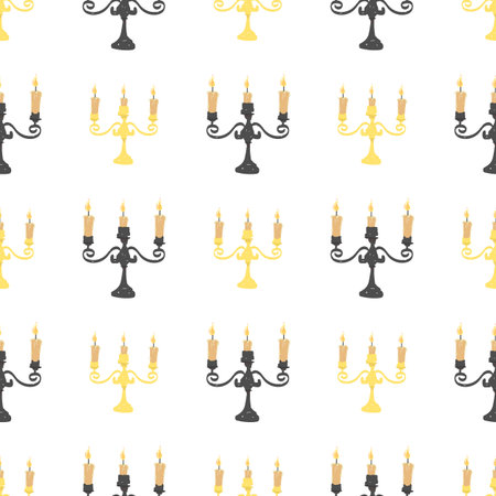 Seamless Pattern in Hand Drawn Doodle Style with Chandeliers with Burning Candles on White Background. Cute Decorative Ornament for Textile or Festive Wrapping Paper. Cartoon Flat Vector Illustrationのイラスト素材