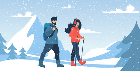 Mountain Man and Woman Couple Climbers with Backpacks Walking via Heavy Snow. Winter Climbing Mountaineering Sport. Extreme Seasonal Recreation. Snowfall and Frost. Vector Cartoon Flat Illustrationのイラスト素材