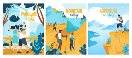People Visiting Waterfall Park. Tourist Group during Mountain Hiking. Summer Trip and Adventures Calling. Advertising Banners or Posters Flat Set. Tour Agency. Vector Cartoon Illustrationのイラスト素材