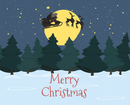Santa Claus with Sack Riding Reindeer Sledge Flying in Night Sky on Snowy Background with Shining Moon Light above Fir Trees Forest Merry Christmas Eve, New Year Scene Cartoon Flat Vector Illustrationのイラスト素材