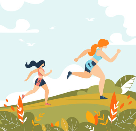 Cartoon Women Characters Wearing Sportswear Running in Park. Sport Activity Training in Forest. Girls Jogging Taking Part in Marathon. Fitness, Sport and Healthy Lifestyle. Vector Flat Illustrationのイラスト素材