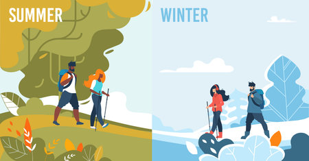 Summer and Winter Set. Seasonal Activities for People. Sport and Leisure. Mountaineering and Hiking,...