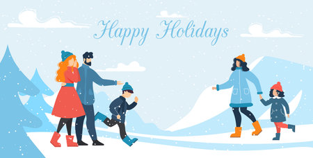 Happy Holidays Hand Drawn Lettering. Flat Greeting Poster. Cartoon Family Resting and Friends Meeting. Parents and Children in Warm Clothing. Snowy Winter Forest, Park. Vector Illustrationのイラスト素材
