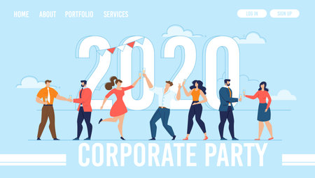 Landing Page for Organization Corporate Party. 2020 New Year Design. Huge Flat Numerals with Happy Tiny Cartoon People Characters Dancing and Enjoying Celebration. Vector Trendy Illustrationのイラスト素材