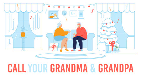 Family Network Motivation Flat Poster with Lettering Quote. Grandmother and Grandfather Characters Sitting on Sofa in Living Room Along at Home. Call Relatives on Winter Holidays. Vector Illustrationのイラスト素材
