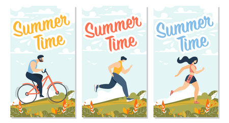 Summer Time Motivational Flyers Set with Cartoon Active People Characters Cycling, Running, Jogging. Men and Women Exercising on Nature. Sportsmen and Sportswomen Workout. Vector Flat Illustrationのイラスト素材