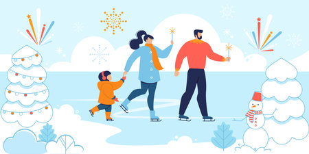 Happy Family Celebrating Christmas on Rink. Outdoor Holidays Recreation. Ice Skating among Decorated Xmas Fir Tree. Beautiful Fireworks. Parents and Child Characters. Vector Flat Illustrationのイラスト素材