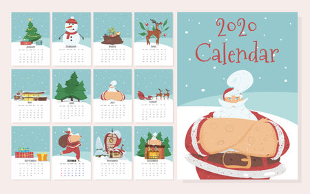 Monthly Creative Calendar 2020 in Cute Hand Drawn Style with Christmas and New Year Traditional Attributes and Characters. Santa Claus, Snowman. Editable Template. Cartoon Flat Vector Illustrationのイラスト素材