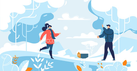 Happy Loving Couple Spending Time in Winter Forest. Man and Woman Wearing Warm Clothes Walking in Suburb. Snowy Cold Season. Romantic Vacation on Xmas Holidays. Vector Cartoon Flat Illustrationのイラスト素材