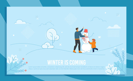 Winter Coming Text Banner in Frame. Cartoon Father and Son Making Snowman in Natural Park under Snow. Vacation Happy Time. Holidays and Fun. Outdoors Activities. Vector Flat Illustrationのイラスト素材