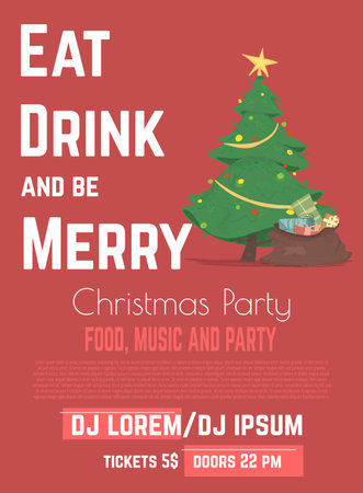 Christmas Food and Music Party with DJ Performance Cartoon Vector Advertising Flyer, Promo Poster or Invitation Card Design Template with Wrapped Gifts in Santa Sack Under Christmas Tree Illustrationのイラスト素材