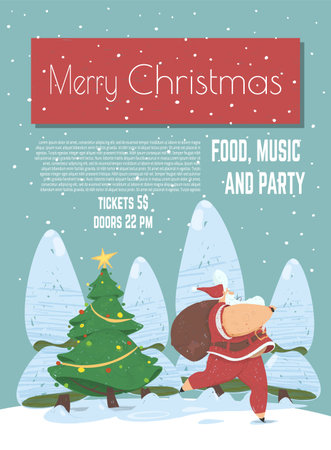 Christmas Food, Music Party Cartoon Vector Flyerのイラスト素材