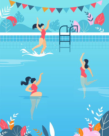 Cartoon Women Swimmers Characters Wearing Swimsuits Performing Water Activities in Swimming Pool. Swim Water Sport and Dive. Vector Flat Illustration. Plant Leaves Design and Flags Garlandのイラスト素材