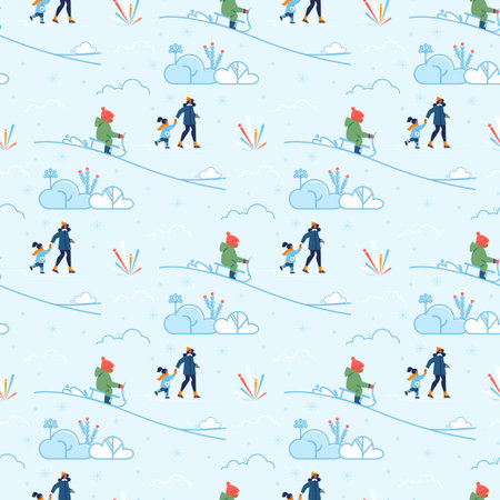 Mom Walking with Children Winter Seamless Patternのイラスト素材