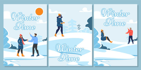 Winter Time and Active Rest Cartoon Cards Set. Happy People Characters, Loving Couple and Lonely Woman Wearing Warm Casual Clothes. Christmas and New Year Vacaion. Vector Flat Illustrationのイラスト素材