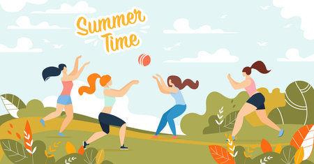 Summer Time Banner with Cartoon Happy Women Characters Playing Ball on Nature. Female Friends Resting in Park. Active Recreation Outdoors. Volleyball under Sky. Vector Flat Illustrationのイラスト素材