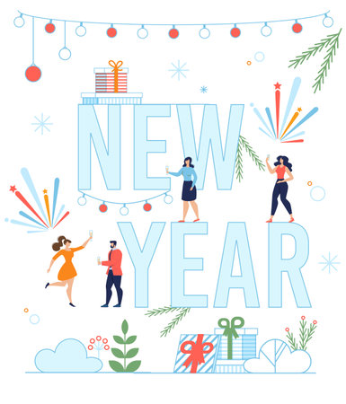 New Year Lettering with Happy Tiny People, Gift Boxes and Decoration. Invitation Flat Poster. Funny Festive Characters. Holidays Celebration. Congratulating and Greeting. Vector Cartoon Illustrationのイラスト素材