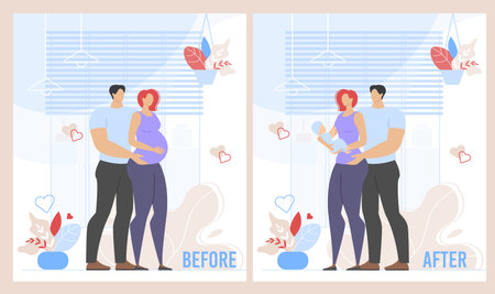Before Childbirth and After Pregnancy Cartoon Set. Married Family Couple Expecting for Baby and Father, Mother Carrying and Caring for Infant. Happy Adult People and Child. Vector Flat Illustrationのイラスト素材