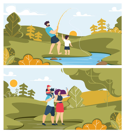 Happy Family Day and Summer Time Activities Flat Set. Father with Son Fishing with Rod in River. Dad, Mom with Child Walking in Forest. Nature Exploration and Rest. Vector Cartoon Illustrationのイラスト素材