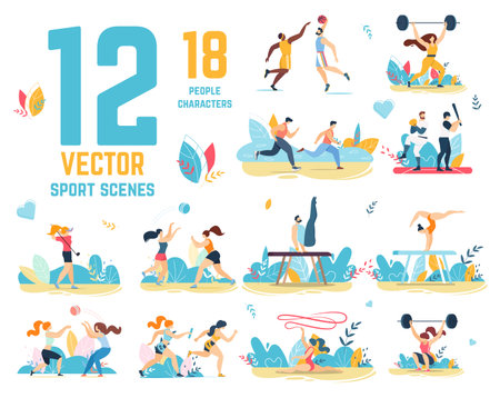 Sport Scenes Set with People Cartoon Characters. Powerlifting, Running, Doing Gymnastics and Acrobatics, Playing Football, Volleyball, Baseball, Basketball, Golf. Vector Flat Illustrationのイラスト素材