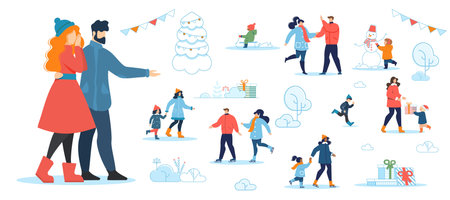 Creative Cartoon with Man Offering Woman Different Kinds of Winter Rest. Rest in Snowy Park, Skating on Urban Ice Rink, Spending Time with Kids, Making Snowman. Gift Exchange. Vector Flat Illustrationのイラスト素材