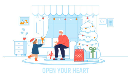 Cartoon Grandpa and Kid in Cozy Living Room at Home. Open Your Heart Inspiration Flat Poster. Christmas and New Year Celebration. Winter Holidays. Family and Relationships. Vector Illustrationのイラスト素材