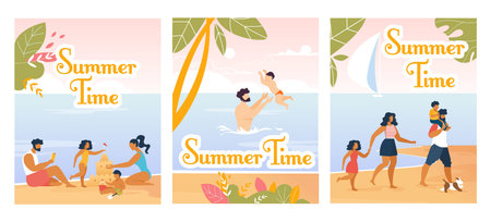 Family Summer Time. Cartoon Natural Design Flyers and Cards Set. Happy Parents and Children Swimming...