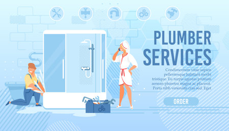 Flat Landing Page for Order Plumber Master Help. Cartoon Repairman Character in Uniform with Plumbing Instrument Equipment Fixing Shower Stall. Housewife in Bathrobe and Towel. Vector Illustrationのイラスト素材
