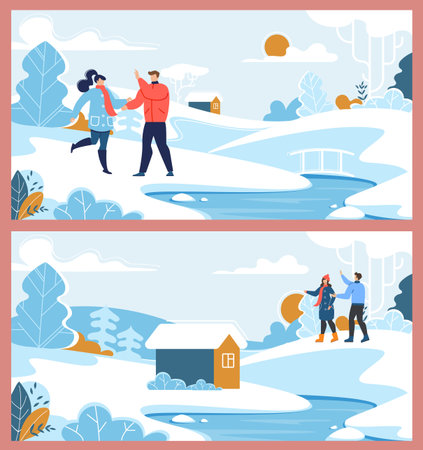 Happy Family Man and Woman Loving Couple Characters. Winter Suburb Rest. Natural Scene. Snowy Forest with River. House at Countryside. Christmas Vacation. Flat Vector Set. Cartoon Illustrationのイラスト素材