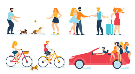 Happy People Travelling, Walking, Resting Flat Set. Cartoon Men and Women Couples Playing Dog Pet, Receiving Key from Rent or Bought Auto, Driving Car, Riding Bikes. Vector Illustrationのイラスト素材