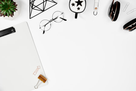 Creative man workplace mockup with copy spaceの写真素材