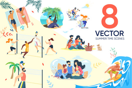Family Rest, Active Recreation during Summer Setのイラスト素材