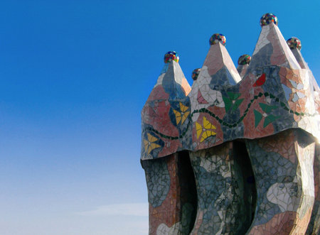 Mosaic chimney on the roof of Casa Batllo by Gaudiのeditorial素材