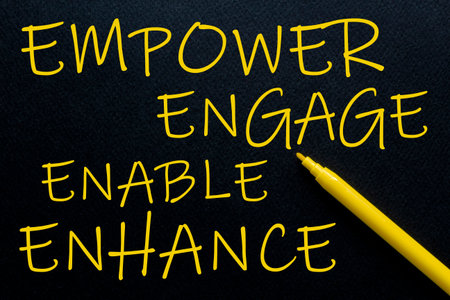 Empower Engage Enable Enhance Yellow Pen with yellow text own rent at the black backgroundの写真素材