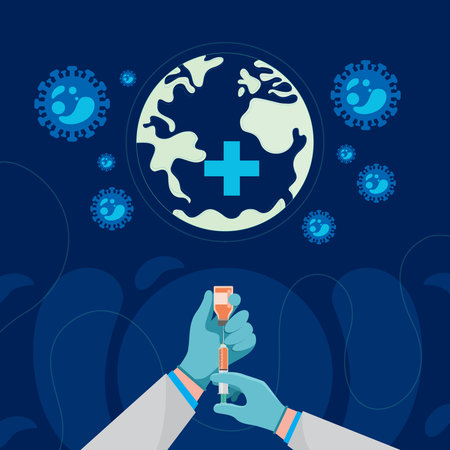 Vaccine for corona free world illustration with blue backgroundのイラスト素材
