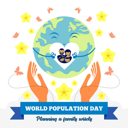Illustration of world population day on the earth which is holds by hands and giving message of family planning with four people family. Background decorated with flowers and butterflies.のイラスト素材