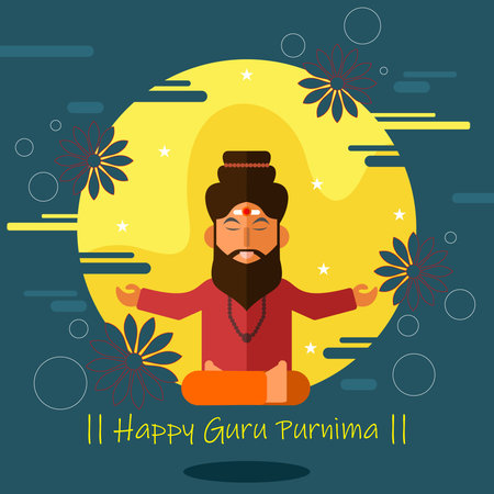 Illustration of Guru Purnima with Guru. Background is decorated in green and yellow color. Calligraphic lettering of happy guru Purnima.のイラスト素材