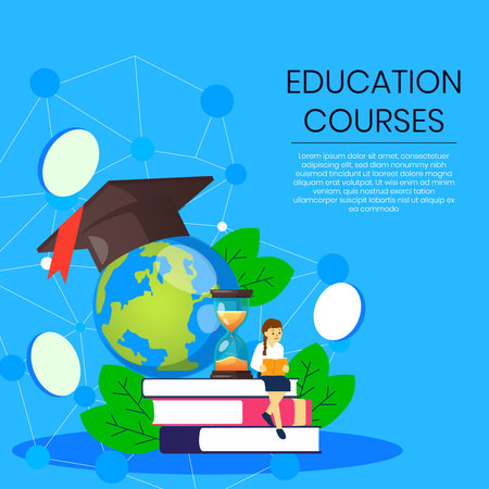 Illustration of different educational courses. A Poster is decorated with earth, books etc.のイラスト素材