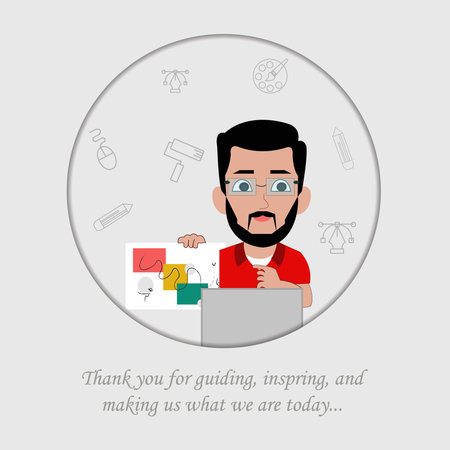 Poster of Teachers day. Teachers teaching students on online platform. Poster also giving thank you message  to teacher for guiding and inspiring students.のイラスト素材