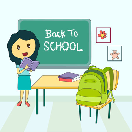 Poster of back to school. Teacher teaching the students in the classroom. The background of the poster is decorated with school bags, books, etc.のイラスト素材