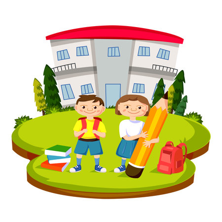 Illustration of Back to School. Students happily stand in front of the school. The poster is decorated with School buildings, books, and school bags.のイラスト素材