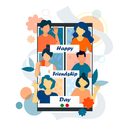 Poster of Friendship day. In this poster, friends celebrate friendship day by video calling to each other on a mobileのイラスト素材