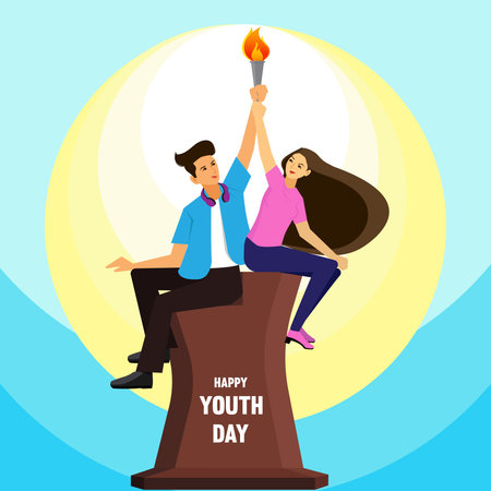 Celebration of Youth Day. Girl and boy sitting together. Holding the torch in their hand.のイラスト素材