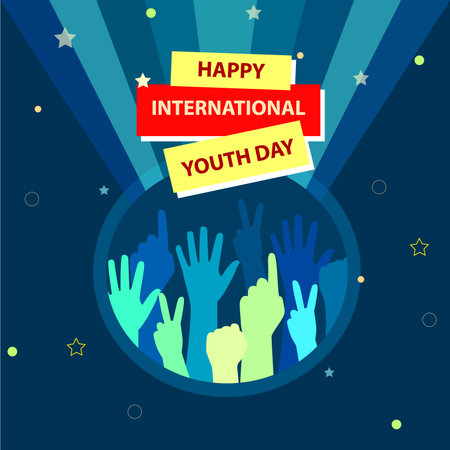 International Youth Day illustration of diverse colorful hands.のイラスト素材