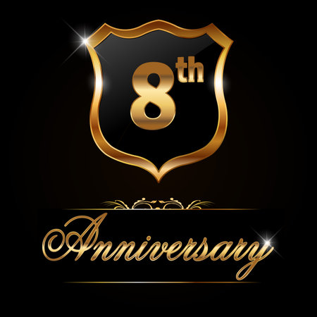8 year anniversary golden label, decorative golden emblem - vector illustrationのイラスト素材