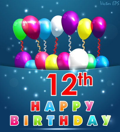 12 year Happy Birthday Card with balloons and ribbons, 12th birthday - vector EPS10のイラスト素材